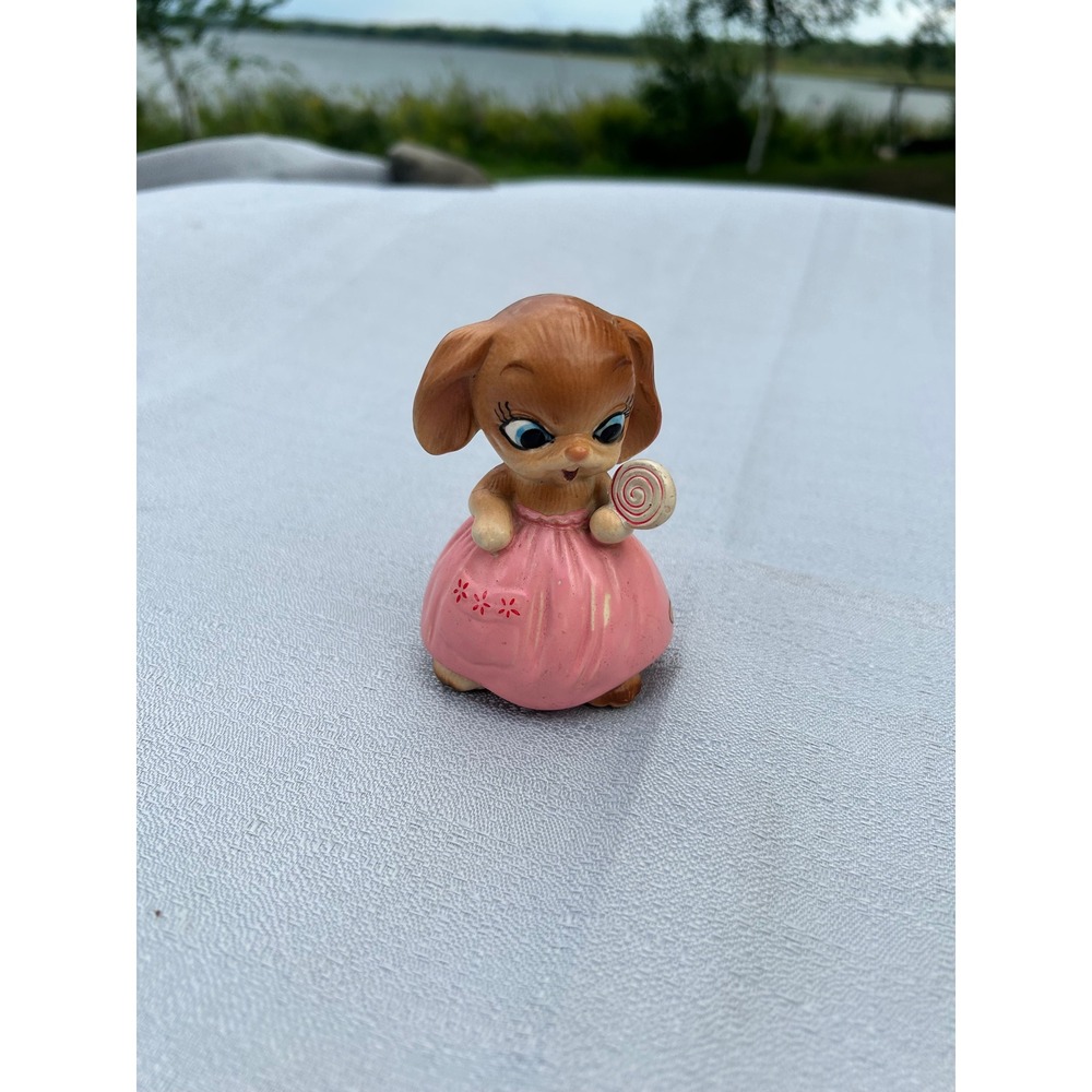 Vintage Ceramic Dog Figurine Pink Dress Lollipop Japan Kitsch 3.75" Brown Pink